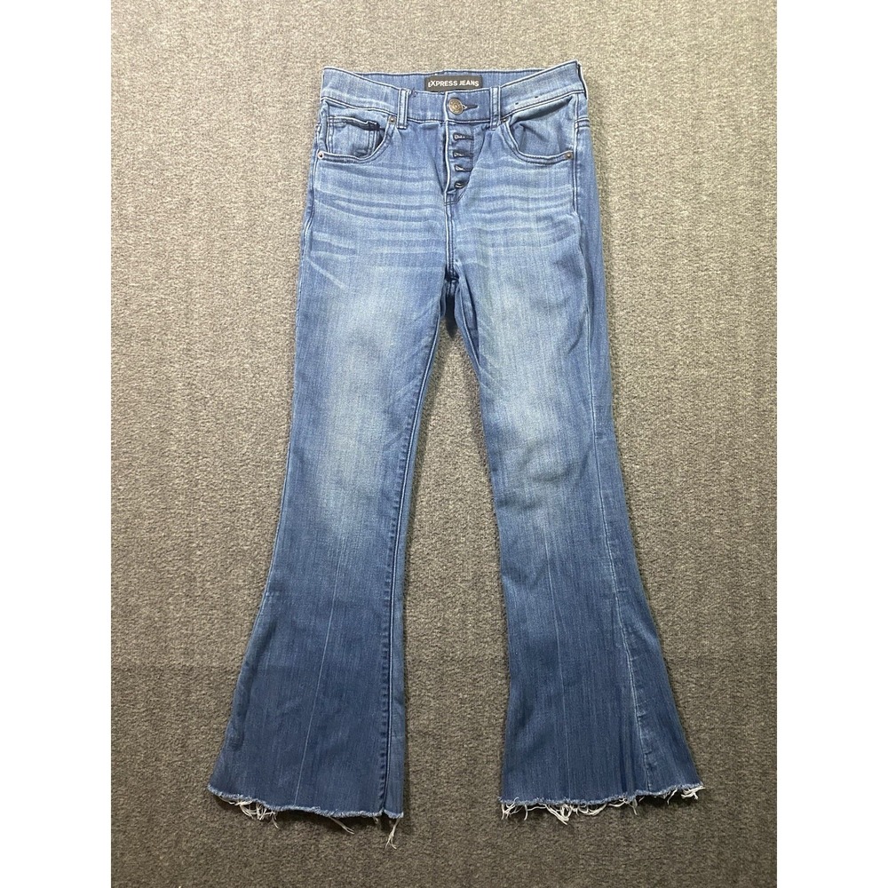 Express Jeans Womens Flare High Rise Medium Wash Denim Stretch Size 0s